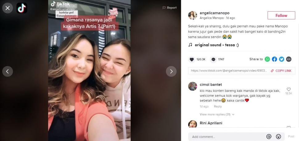 Curhat kakak Amanda Manopo sakit hati sering dibandingkan (TikTok/angelicamanopo)