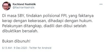 Rachland bandingkan penanganan FPI yang melakukan kekerasan di era SBY vs Jokowi (Twitter)