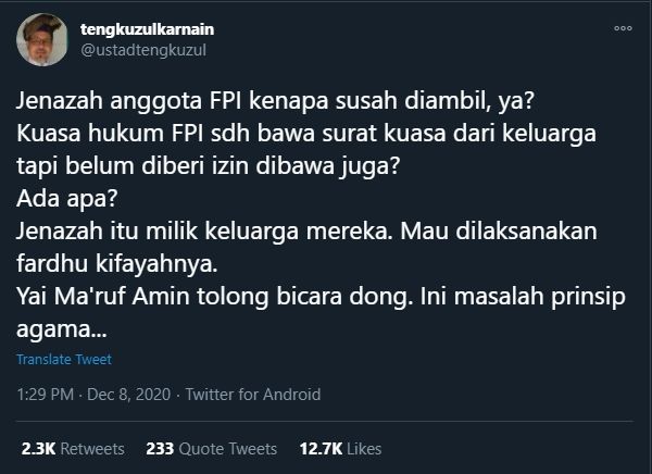 Tengku Zulkarnain Kembali Sentil Ma'ruf Amin Soal Tragedi Penembakan 6 Laskar FPI (Twitter/UstadTengkuZul).