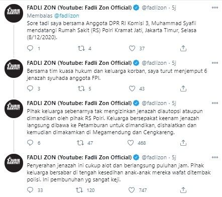 Fadli Zon serukan salat ghaib untuk enam anggota FPI (Twitter/fadlizon)