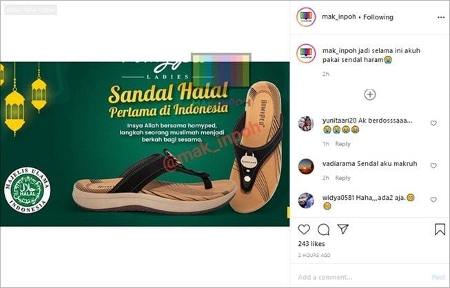 Heboh sandal bersertifikat halal. (Instagram/@mak_inpoh)