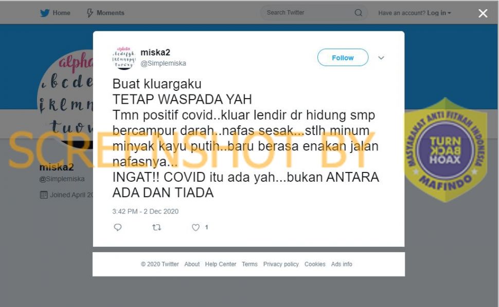 Fakta minyak kayu putih bisa sembuhkan Covid-19 (turnbackhoax.id)