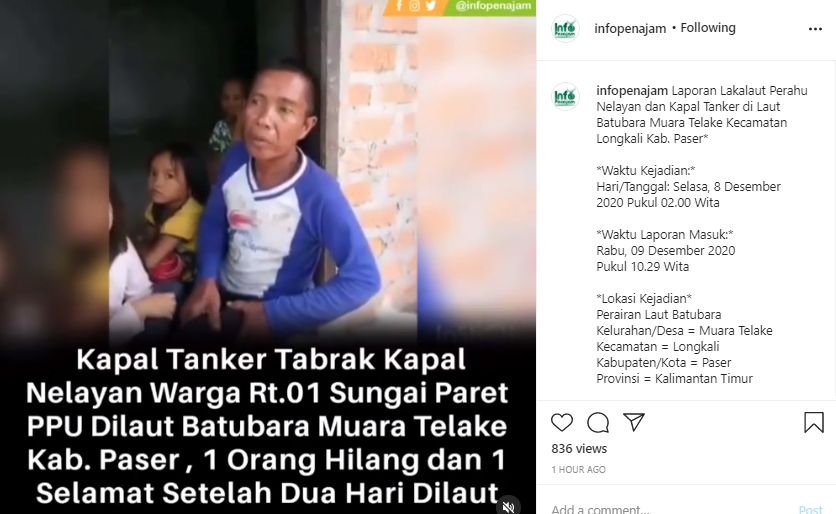 Kronologi nelayan Paser hilang 2 hari di laut usai ditabrak kapal tanker. (Instagram/infopenajam)