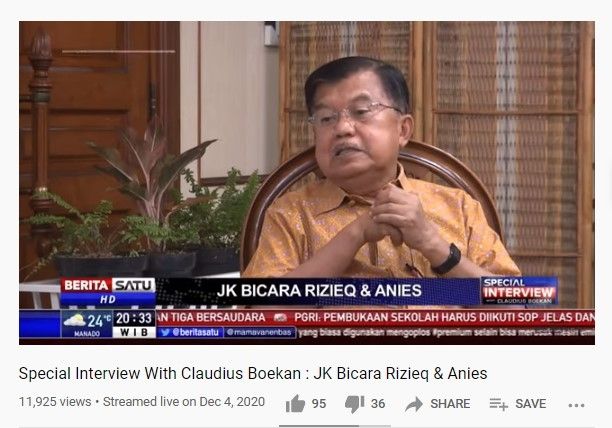 Jusuf Kalla saat wawancara bersama Berita Satu (YouTube/Beritasatu)