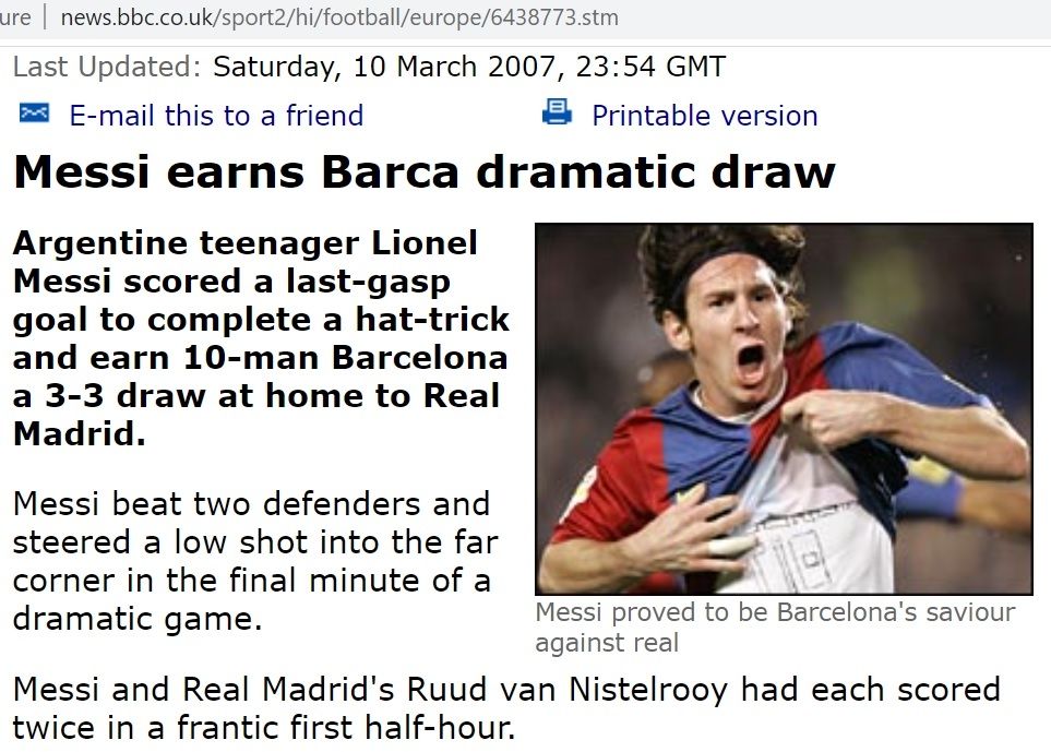 Ilustrasi. Screenshot berita tahun 2007 lalu dari BBC dengan foto selebrasi gol Lionel Messi yang kemudian kerap dijadikan bahan meme dan hoaks, termasuk di Pilkada Halmahera Utara 2020. [BBC/captured]