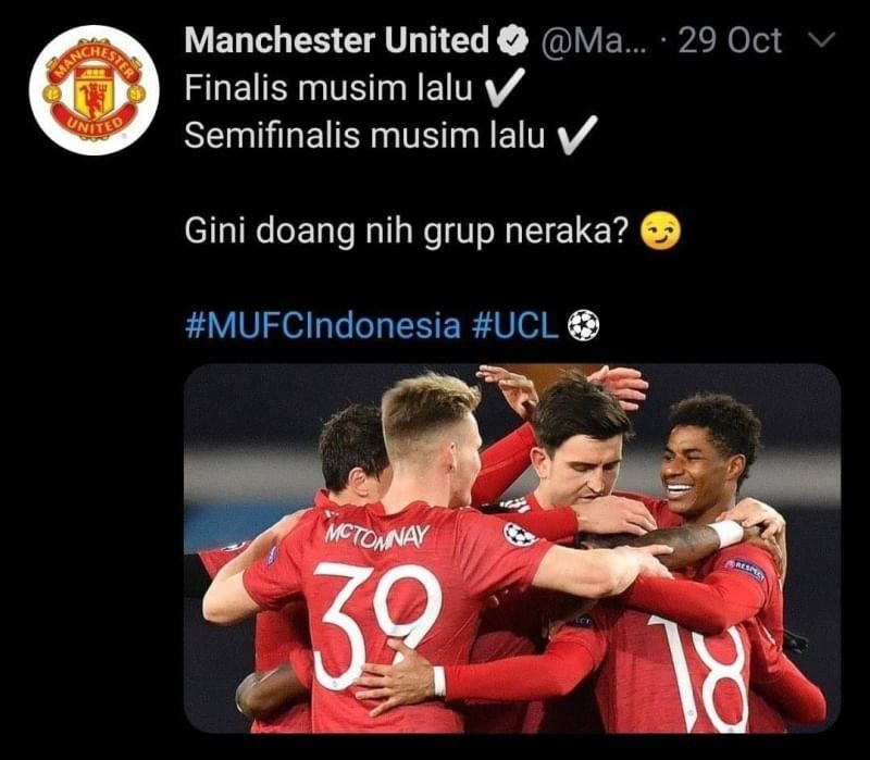 Cuitan kesombongan akun Twitter Manchester United versi bahasa Indonesia. (Twitter/@ManUtd_ID).