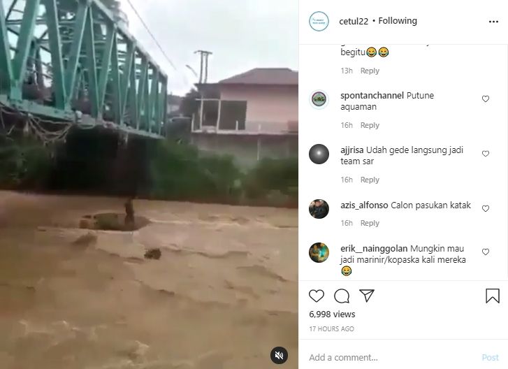 Video bocah nekat terjun ke sungai yang meluap. (Instagram/cetul22)