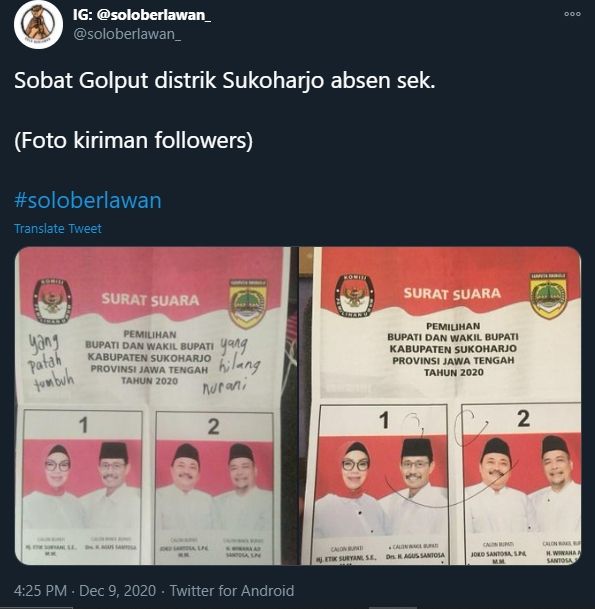 Surat Suara Pilkada Kabupaten Sukoharjo Jawa Tengah Dicorat-coret Pemilih (Twitter/Soloberlawan_).