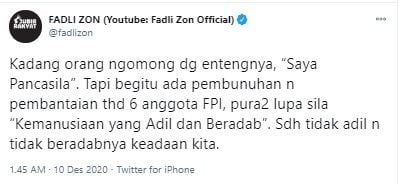 Fadli Zon sindir orang Pancasilais diam sikapi enam anggota fpi ditembak mati (Twitteer/fadlizon)