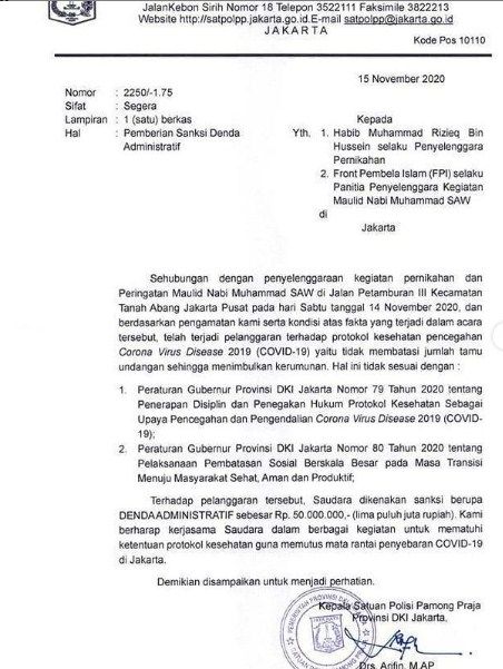 Tangkapan layar surat pemberian sanksi administratif berupa denda kepada Habib Rizieq Shihab terkait pelanggaran prokes. [Instagram@satpolpp.dki]