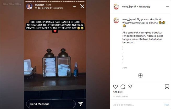 Awkarin terharu temukan restoran yang sediakan pembalut dan panty liner. (Instagram/@neng_jepret)