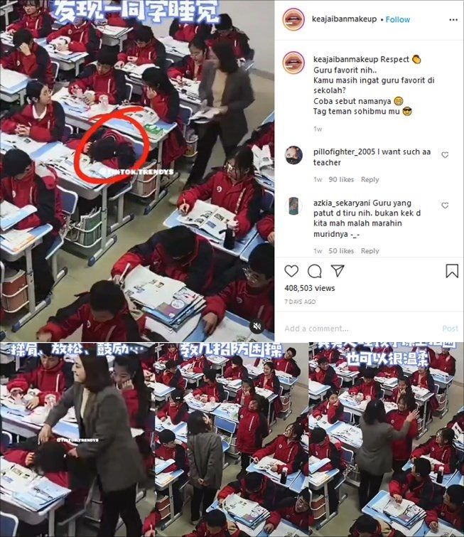 Reaksi bijak seorang guru saat muridnya ngantuk di kelas. (Instagram/@keajaibanmakeup)