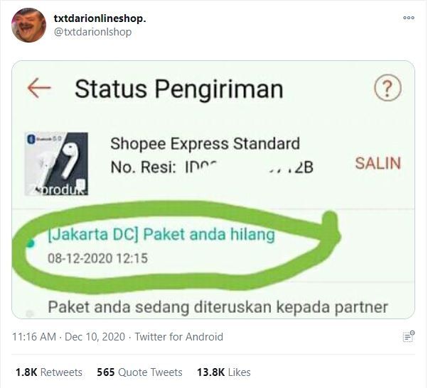 Viral Paket dari Olshop Dinyatakan Hilang (twitter.com/txtdarionlshop)