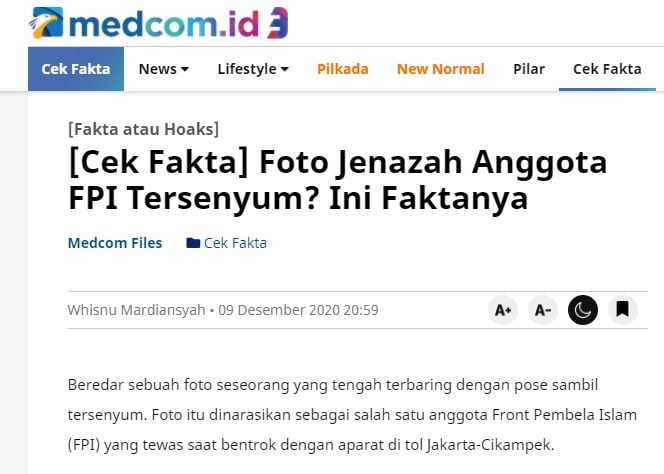 Fakta jenazah anggota FPI tersenyum (Turnbackhoax.id)