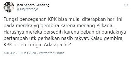 Sujiwo Tejo minta KPK awasi paslon yang gembira menang Pilkada (Twitter/sudjiwotedjo)