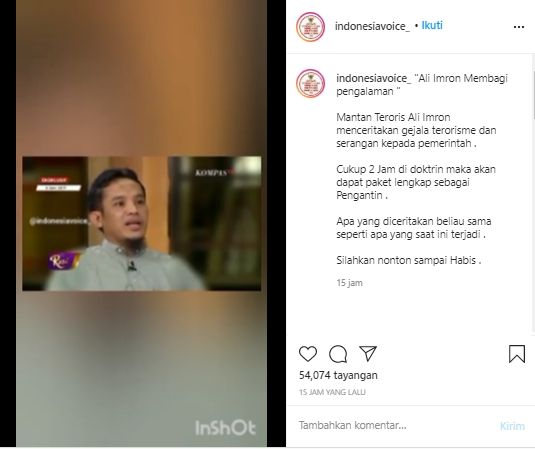 Viral Video Lawas Eks Bomber Bali Ali Imron (Instagram/Indonesiavoice_).