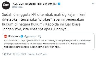 Komentar Fadli Zon soal penetapan status tersangka Rizieq Shihab (Twitter/fadlizon)