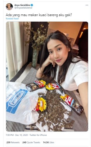 Anya Geraldine ajak makan kuaci bareng. (Twitter/@Anyaselalubenar)