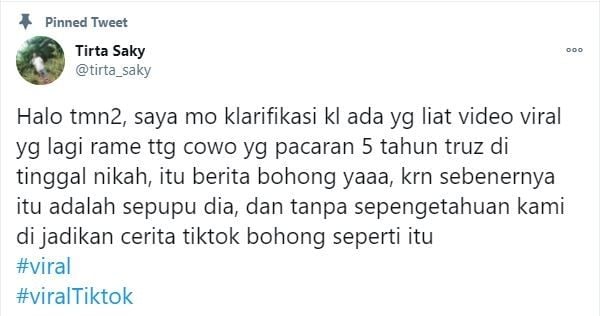 Viral Cerita 5 Tahun Jagain Istri Orang, Ternyata Bohong (twitter.com/tirta_saky)