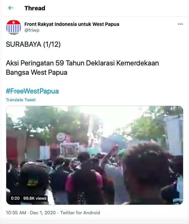 Cek Fakta Demo Tuntut Papua Barat Merdeka di Surabaya (Twitter).