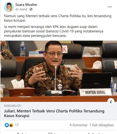 Cek Fakta Mensos Juliari Batubara Menteri Terbaik Versi Charta Politika (Facebook).