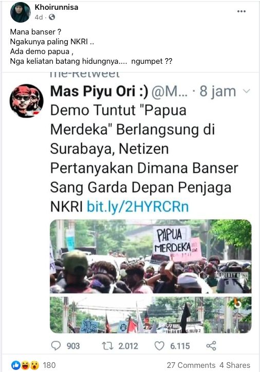 Cek Fakta Demo Tuntut Papua Barat Merdeka di Surabaya (Facebook).
