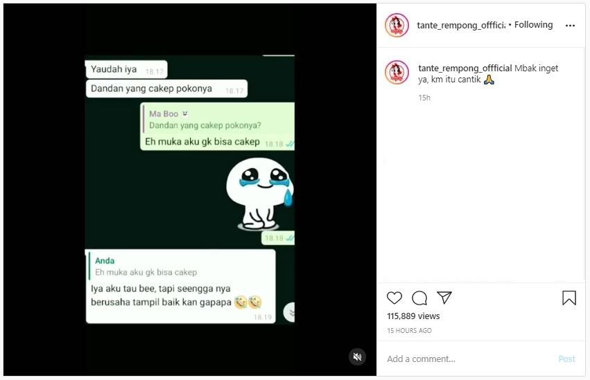 Curhat Perempuan Kecewa Disuruh Dandan sama Pacar (instagram.com/tante_rempong_offficial)