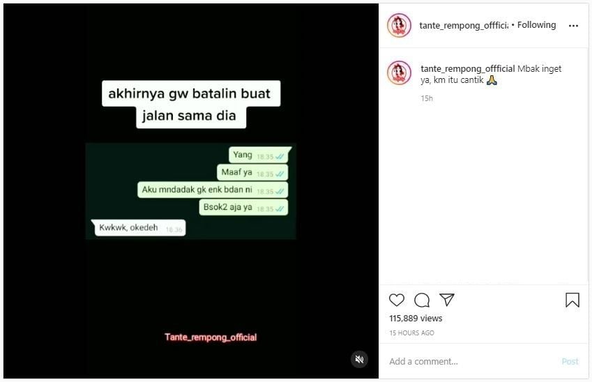 Curhat Perempuan Kecewa Disuruh Dandan sama Pacar (instagram.com/tante_rempong_offficial)