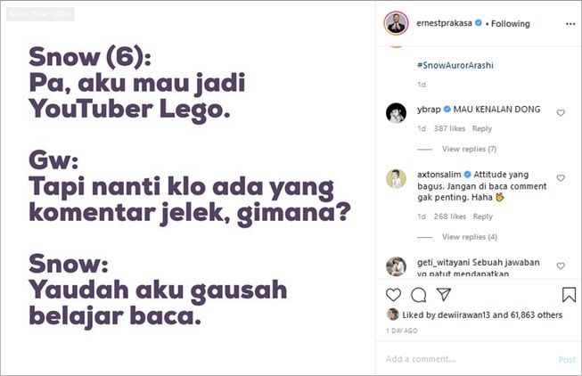 Tips jitu hadapi nyinyiran warganet ala anak Ernest Prakasa. (Instagram/@ernestprakasa)