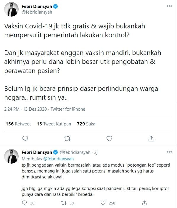 Kata netizen soal vaksin gratis vs vaksin mandiri. (Dok Tangkapan Layar/Twitter)