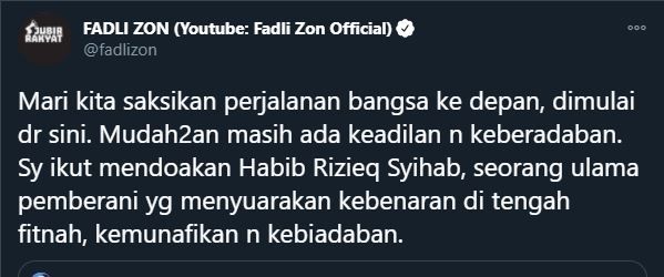 Fadli Zon soal penahanan Habib Rizieq. (Twitter/@fadlizon)