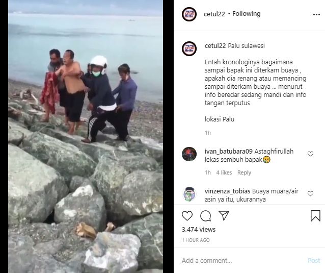 Detk-detik pria di Palu digigit buaya saat mandi di laut. (Instagram/ndorobeii)