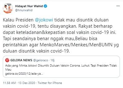 HNW usul Luhut dan Terawan lebih dulu suntik Covid-19 (Twitter/hnurwahid)