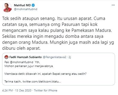 Reaksi Mahfud MD usai pelaku pengancam gorok lehernya ditangkap (Twitter/mohmahfudmd)