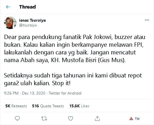 Utas Ienas untuk pendukung fanatik Jokowi dan FPI - (Twitter/@tsuroiya)