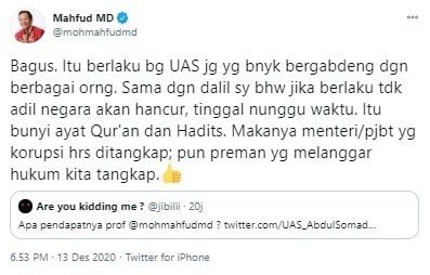 Komentar Mahfud MD soal hadis unggahan UAS (Twitter/mohmahfudmd)