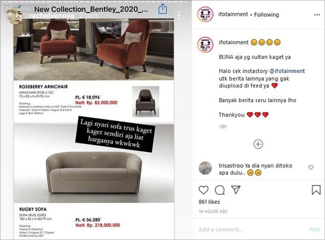 Rachel Vennya syok lihat sofa seharga ratusan juta. (Instagram/@ifotainment)