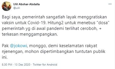 Gus Ulil desak pemerintah gratiskan vaksin Covid-19 sebagai penebus dosa (Twitter/ulil)