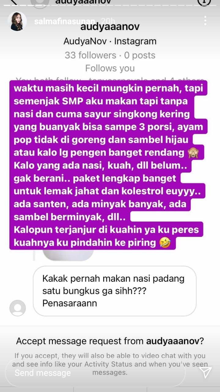 Ditanya Pengalaman Makan Nasi Padang Sebungkus, Salmafina Beri Jawaban Tak Terduga. (Instagram/salmafinasunan)