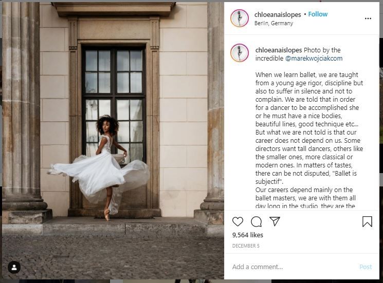 Curhat Balerina Chloe Lopes Gomes yang Kena Perlakuan Rasis (instagram.com/chloeanaislopes)