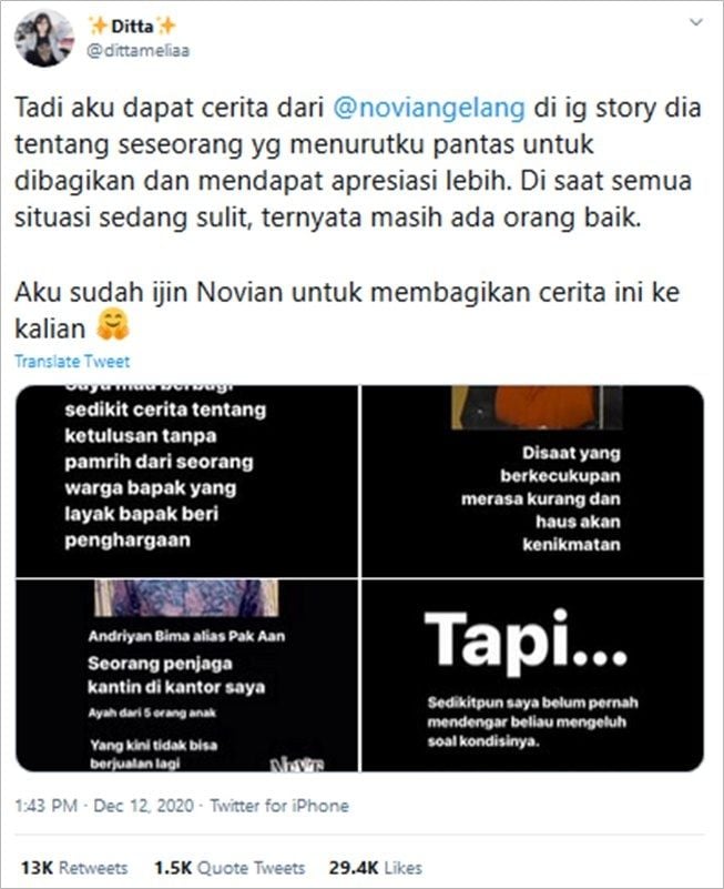 Viral kisah penjaga kantin yang tetap rajin sedekah meski pendapatan menurun. (Twitter/@dittameliaa)