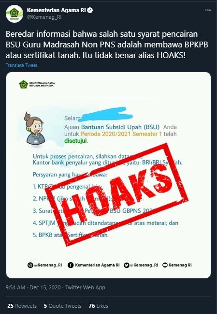 Cek Fakta Syarat Pencarian BSU Bagi Guru Madrasah Non PNS (Twitter).