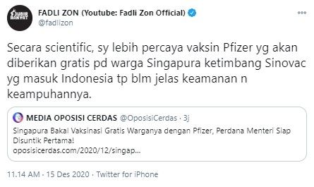 Fadli Zon pilih vaksin Pfizer daripada Sinovac (Twitter/fadlizon)