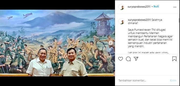 Unggahan Suryo Prabowo Usai Ditunjuk Mendampingi Prabowo Subianto (Instagram/suryoprabowo2011).