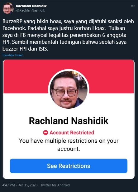 Cuitan Rachland Nashidik Sebut Buzzer Bikin Hoaks, Dia yang Kena Sanksi FB (Twitter/RachlandNashidik).