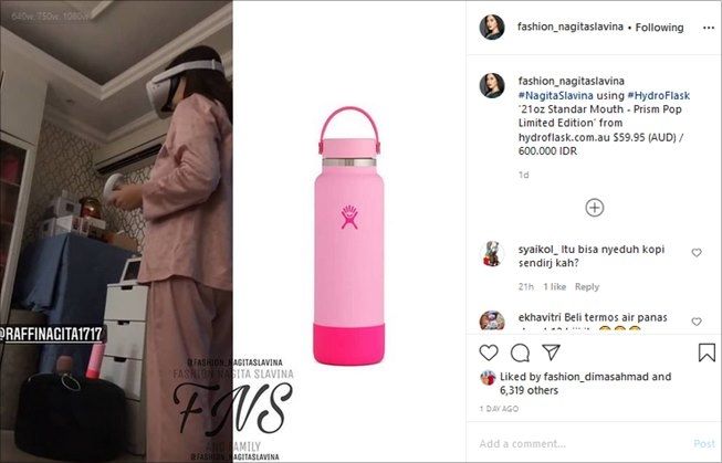 Botol minum Nagita Slavina seharga sewa kontrakan. (Instagram/@fashion_nagitaslavina)