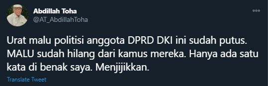 Cuitan Abdillah Toha Soal Aksi Walk Out Anggota DPRD DKI Jakarta (Twitter/AT_AbdillahToha).