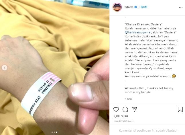 Istri Hansamu Yama, Zerlinda Gitta Anggraeni, menjelaskan arti nama putrinya. (Instagram/@zrlnda).