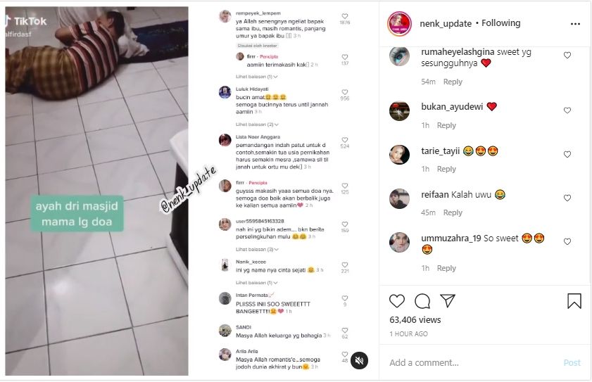 Video aksi mesra pasutri saat subuh. (Instagram/nenk_update)
