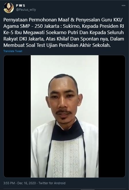 Beredar Video Klarifikasi Guru Pembuat Soal Anies-Megawati (Twitter).